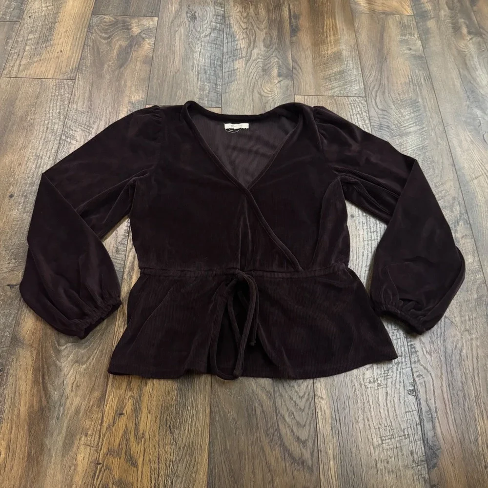 Madewell Velvet Wrap Peplum Top Plum Long Balloon Sleeve Small Dark Academia